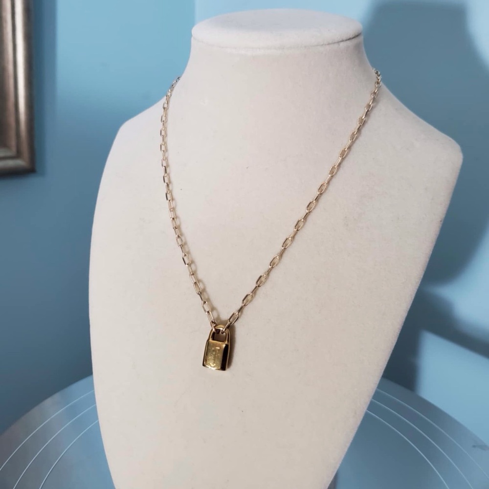 farrah b lock necklace with “J” engraved